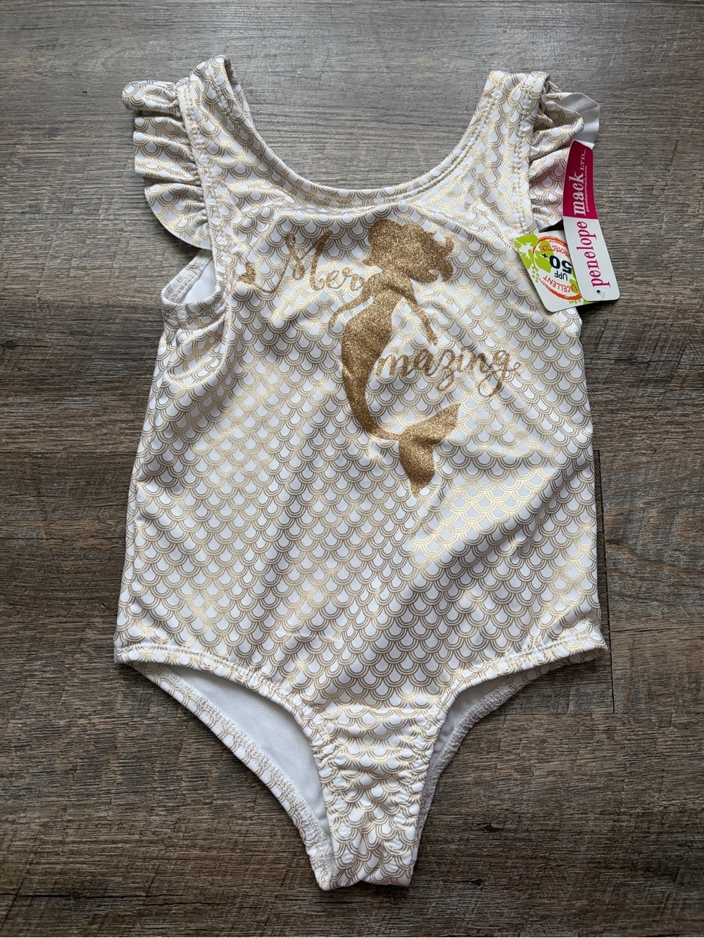 Penelope Mack White & Gold Mermaid Ruffle One-Piece